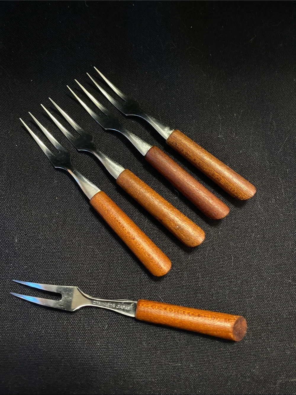 Vintage Set of 5 Cocktail / Cheese / Appetizer Fork stainless steel & wood Japan